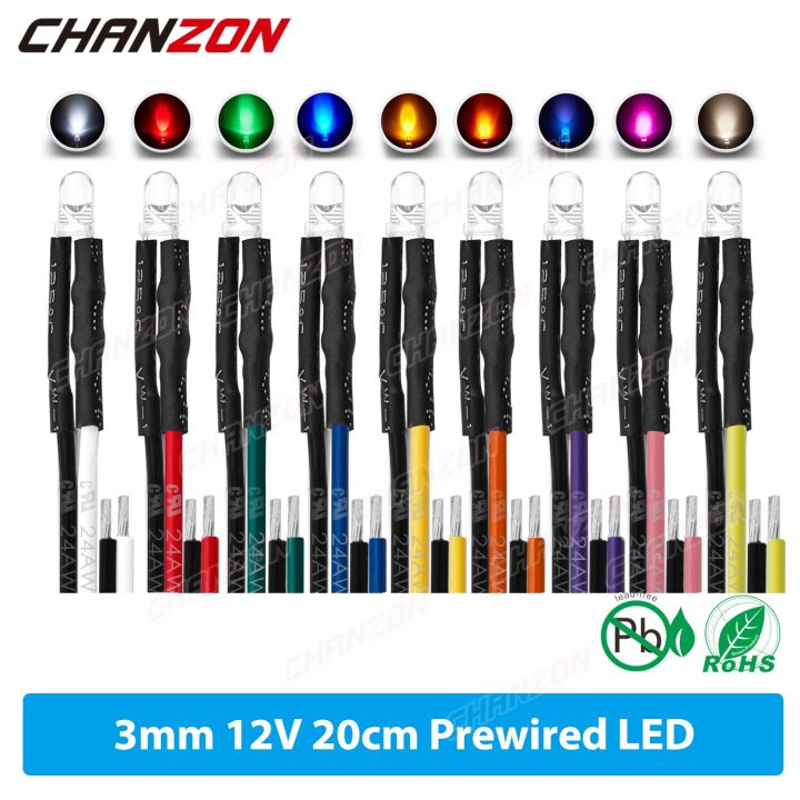 20pcs-3mm-led-diode-12v-warm-white-red-green-blue-yellow-orange-uv-purple-pink-rgb-flash-prewired-light-emitting-indicator-lampelectrical-circuitry-pa