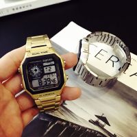 Electronic watch womens metal watch European and American trendy brand mens watch hip-hop style gold dual display digital square gold watch cool