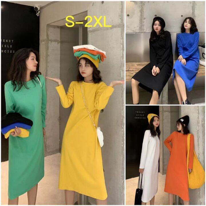 womens-long-dress-candy-color-dress-medium-length-knee-length-long-sleeve-straight-dress-solid-color-stitching-thin-bottomed-t-shirt-dress