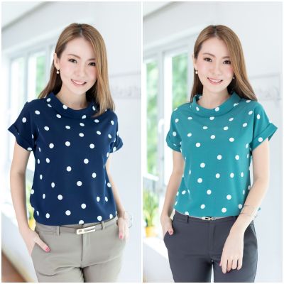 Narinari : MT2514 Folded Collar Dot Blouse