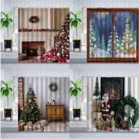 Merry Christmas Shower Curtain Fireplace Xmas Tree Santa Claus Winter Festival Christmas Decor Wall Cloth Bathroom Curtains Sets