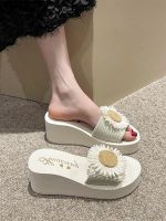 Slope heel slippers womens outerwear summer flowers black thick bottom new one word slippers seaside beach sandals fashion high heels