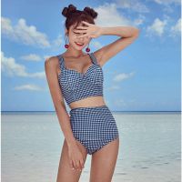 In stockKorean R Plaid Push-Up Bikini Split Swimsuit Tie-Wraps Bow y Backless High-Waist Swimwear Beachwear