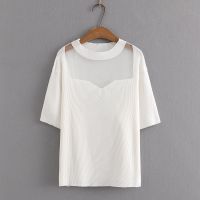 【มีไซส์ใหญ่】Plus Size Womens X-4XL Short Sleeve White Black Patchwork Summer T-Shirts Oversized Knitted Slim Female Tops