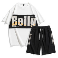 Fast Shipping 2023 Summer MenS Loose Leisure Sports Set Couples Short Sleeve Pentaef Pants Two -Piece Young