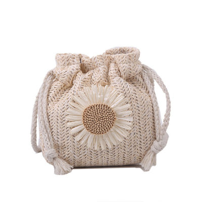 Casual Shoulder Crossbody Beach Flower Drawstring Bucket Handbag Women Hand-Woven Bag