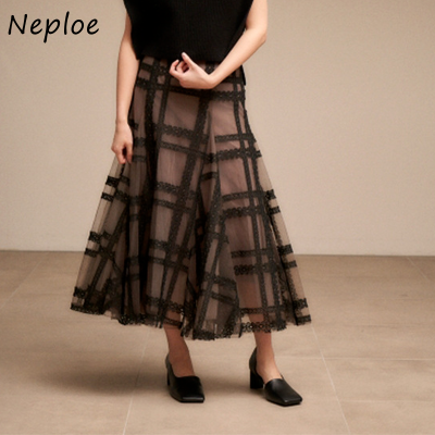 Neploe 2022 Autumn New Women Faldas High Waist Contrast Color Mid Calf Plaid Lace Ball Grown Skirt Japanese Kawaii Jupe