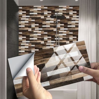 10pcst/set Wood Color Rectangle Simulation Wall Tiles Wall Sticker Kitchen Washbasin Decoration Shine Surface Vinly Art Mural