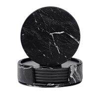 Coasters for Drinks 6 Piece with HolderMarble Black Round Cup Mat Pad Set Of Home and Kitchen Use