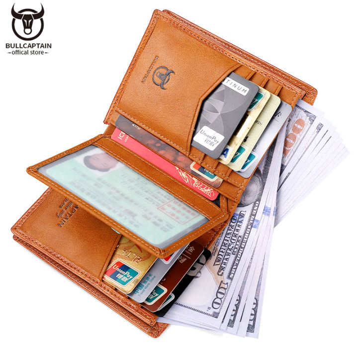 top-bullcaptain-leather-wallet-mens-high-quality-casual-retro-business-card-holder-rfid-anti-theft-brush-14-card-slot-thickened-wallet