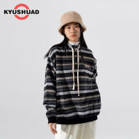 KYUSHUAD เสื้อกันหนาวลายทางวินเทจสำหรับผู้ชายและผู้หญิงเสื้อคลุมถักเก๋ไก๋หลวม