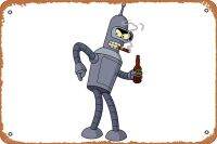 KASDBOPA Futurama Bender ตัวละครอนิเมะหุ่นยนต์สีเทาการ์ตูน/การ์ตูน HD ตลกป้ายบาร์ดีบุกผับร้านอาหารคาเฟ่เครื่องตกแต่งฝาผนังการตกแต่งบ้านศิลปะโลหะ8X12นิ้ว