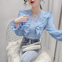 2021 new Korean edition womens fashion lace blouse flounces flared sleeve