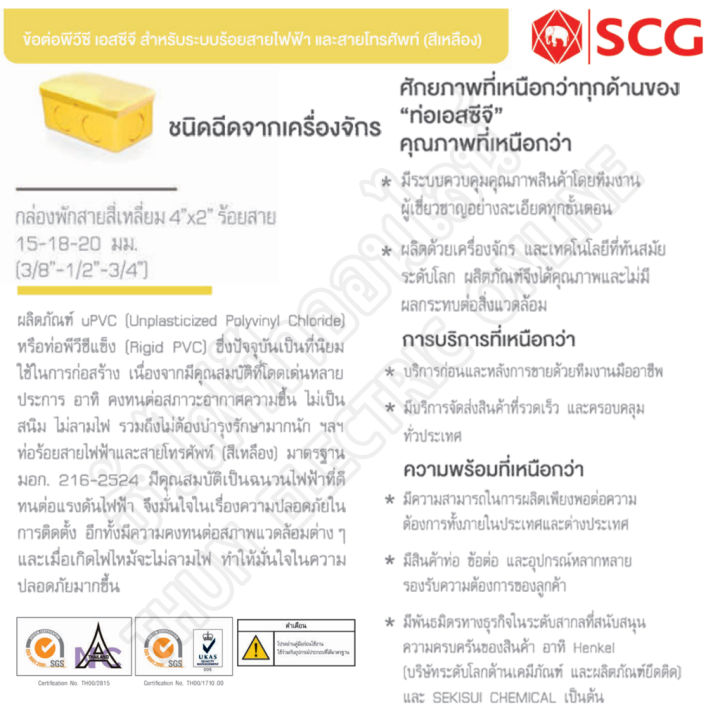 scg-กล่องพักสาย-เหลี่ยม-ขนาด-2x4-รู-3-8-ถึง-3-4-สีเหลือง-บ๊อกพักสาย-กล่องพักสายไฟ-2x4-นิ้ว-บ็อกพักสาย-พักสาย-บล๊อคพักสายไฟ-ตราช้าง-ธันไฟฟ้า