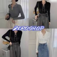 Zero shop?พร้อมส่ง? (Zero-W032)เสื้อไหมพรมแขนยาว ผ้าร่องคอปก ดีเทลสายโลหะ -C