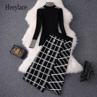 Elegant Women Autumn Winter Clothing Set Turtleneck Knitted Sweaters Tops And Cut Plaid Knitted Skirts Suit Office Ladies Sets