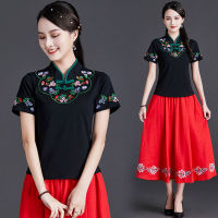 、’】【= Chinese Style Clothing Women Vintage Floral Print Qipao Tops Hanfu Tee Shirt Qi Pao Tang Suit Blouse T-Shirt Cheongsam Top V1938