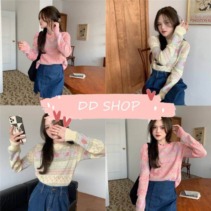 DD SHOP'พร้อมส่ง' 19551 เสื้อถักไหมพรมแขนยาว ลายดอกไม้น่ารักมาก