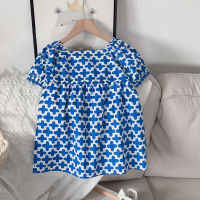 New Summer Dress Korean Style Cotton Print Short Sleeve Casual Dress Girls Wave Sweet and Lovely Princess Dress