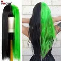 Leeons Synthetic Wigs Lolita Cosplay Wig Half Green Half Black Wig Long Straight Wig With Bangs Cosplay Wig Two Tone Ombre Wigs
