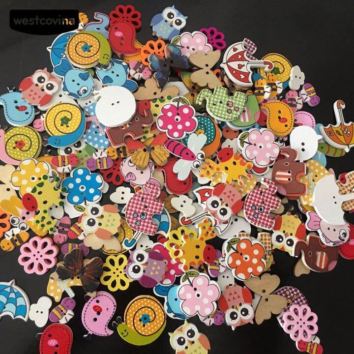 westcovina-50pcs-cartoon-flower-owl-elephant-shape-wooden-buttons-sewing-scrapbooking-tool