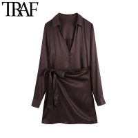 TRAF Women Fashion With Bow Tied Soft Touch Wrap Mini Dress Vintage Long Sleeve Button-up Female Dresses Vestidos Mujer