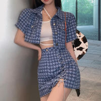 Vintage Blue Houndstooth Two-piece Set Women Short Jacket + High Slit Bandage Skirt Age Reduction Skirt Suits Conjuntos De Mujer