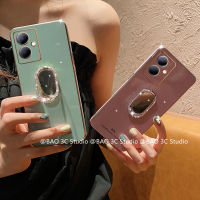 แม่พิมพ์กลม เคส VIVO Y27 Y78 Y02 Y02A Y02T 4G 5G 2023 เคส เทรนด์ใหม่เคสนิ่มที่สร้างสรรค์แวววาว เคสโทรศัพท์ หรูหราป้องกันการตกพร้อมเครื่องสำอางพลอยเทียมตัวยึดกระจก2023