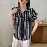 Elegant black striped short-sleeved chiffon shirt womens summer new Korean style slimming design niche shirt V729