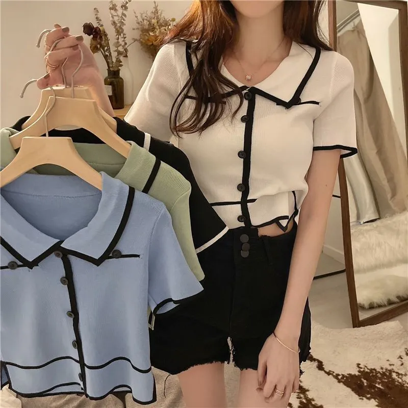 Aki20 Blouse Women Korean Style New Design 2023 French Polo Neck Knit  T-shirt Women's 2023 Summer New Short Sweet Small Contrast Short Sleeve Top  Crop Top for Women