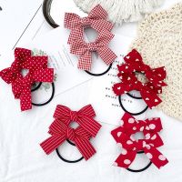 2PCS Set Red Plaid Dot Striped Bow Elastic Hair Band For Girl Kids Cute Kawaii Cloth Lolita Rubber Ponytail Ties Accessories Hair Accessories