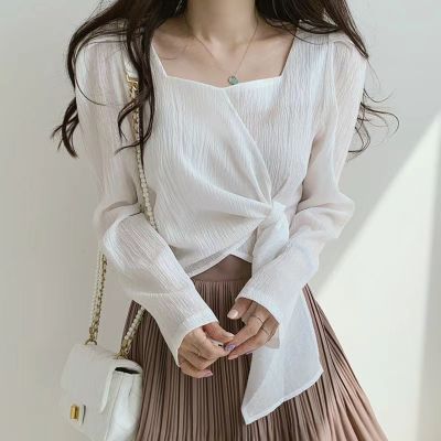 Korean Style Women Ladies Long Sleeve Square Neck Irregular Bottoming Shirt Blouse Baju Baju Wanita Lengan Panjang