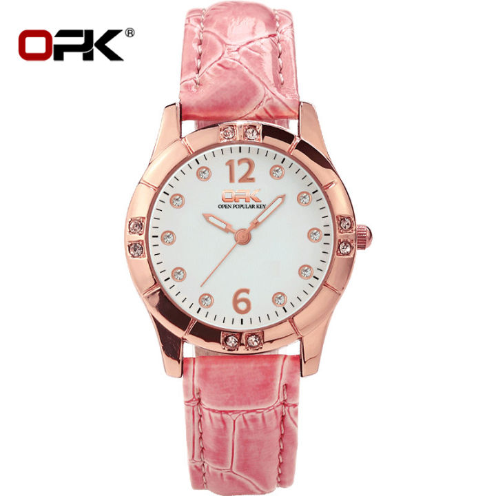 opk-นาฬิกาผู้หญิงขายเดิมกันน้ำสายหนัง-rhinestone-ออกแบบส่องสว่างนาฬิกาลำลองนักเรียน