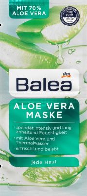 Balea Aloe Vera mask หน้ากากว่านหางจระเข้ของ Balea ช่วยฟื้นฟูและเติมพลังให้กับผิว มาสก์หน้าประกอบด้วยว่านหางจระเข้ 70 เปอร์เซ็นต์ น้ำแร่ แพนทีนอล และเชียบัตเตอร์