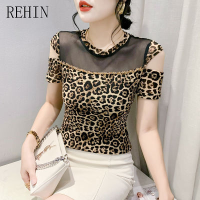 REHIN เสื้อตัวบนสำหรับผู้หญิง,เสื้อยืดแขนสั้นเข้ารูปพอดีตาข่ายลายเสือดาวผ้าตาข่ายประดับด้วยลูกปัดเสื้อเชิ๊ตแฟชั่นฤดูร้อนใหม่