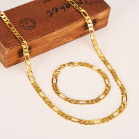 Fashion 24 K Yellow Solid Gold FINISH Mens OR Womens Trendy Bracelet 21cm Necklace Set Figaro Chain Watch Link