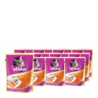 วิสกัส เพาช์ รสปลาทู+แซลมอน 85 กรัม X 12 ซอง - Whiskas Cat Food Pouch Mackerel &amp; Salmon 85 g x 12