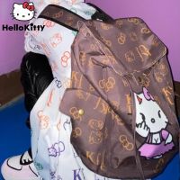 HOT★Sanrio Hell Kitty กระเป๋าเป้สะพายหลังผ้าใบลายพิมพ์กระเป๋าสำหรับความจุขนาดใหญ่สำหรับผู้หญิงกระเป๋าสะพายไหล่ Vintage แฟชั่นเกาหลีกระเป๋าหรู