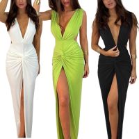 Womens Sexy Split Thigh Deep V Neck Maxi Dress Sleeveless Long Dresses Solid Color Backless Bodycon Dresses