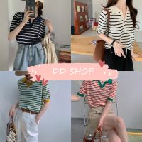 DD SHOPพร้อมส่ง 81051 เสื้อไหมพรม คอปก แขนสั้น ลายทางผ้านิ่มใส่สบายมาก