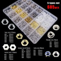 685pcs M2 M2.5 M3 M4 M5 M6 304 Stainless Steel Solid Brass Nylon Mix 5 Types Hex Hexagon Nut Insert Lock Flange Nut Set Kit Box Nails  Screws Fastener