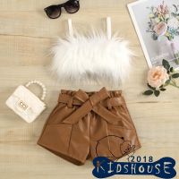 KHH-2 Pcs Toddler Solid Color Outfits Girls Cropped Fluffy Fur Camisole Belted Leather Shorts