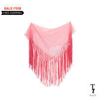 TandT - Pink Gingham Checked Tulle Fringe Scarf ผ้าพันคอ ผ้าโพกผม ผ้าผูกเอว ผ้าตาข่าย ลายสก็อต ตกแต่งเส้นฟรินจ์ สกรีนลายหัวใจ