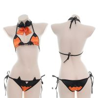 Halloween Pumpkin Bet Womens Lingerie 2PCS Set Bikini Panties Set Cute Exotic Apparel Cosplay 2 Types Black Orange