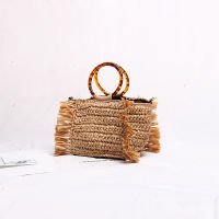 Summer Straw Bags Tassels Amber Circle Acrylic Handle Shoulder Clutch Beach Raffia Rattan Woven Handbags for Woman 2021 Designer