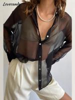 Chiffon See-Through Long Sleeve Button Blouses Solid Straight Loose Thin Womens Clothing Elegant Summer Gauze Perspective Shirt