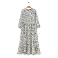 Women White Dots Print Maxi Dress 2020 Pleated Three Quarter Sleeve Female Casual Straight Dresses Chic Ankle Length Vestidos