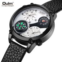Oulm Thermometer Large Dial Mens Watch Dual Time Zone Compass Leather Quartz Watch 【QYUE】