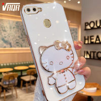 VRQR เคสโทรศัพท์ OPPO F9 F9โปร U1 Realme Realme 2โปร A7(AX7) A7N A5S(AX5S) A12 A12S A11K A3s Realme C1 A5 A12E (AX5) 6DStraight ขอบชุบ + ที่ตั้งรูปแมวอะนิเมะที่มีกระจกที่สามารถหมุนได้ความหรูหรานุ่มคุณภาพสูงการออกแบบใหม่ป้องกัน