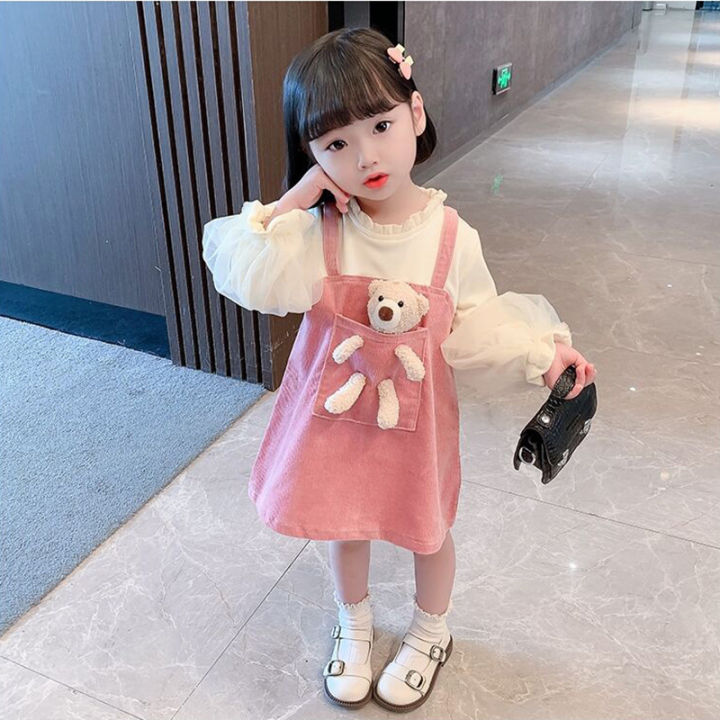 1-4-7 Years Old Baby Girls Long Sleeves Cartoon Bear Fake Two Pieces  Princess Dress Cute | Lazada